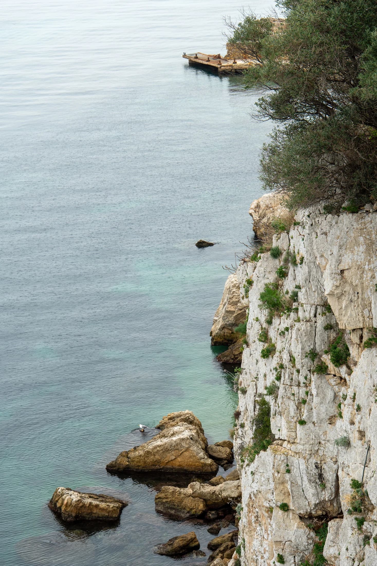 Pale limestone cliffs above the grey-green Mediterranean Sea