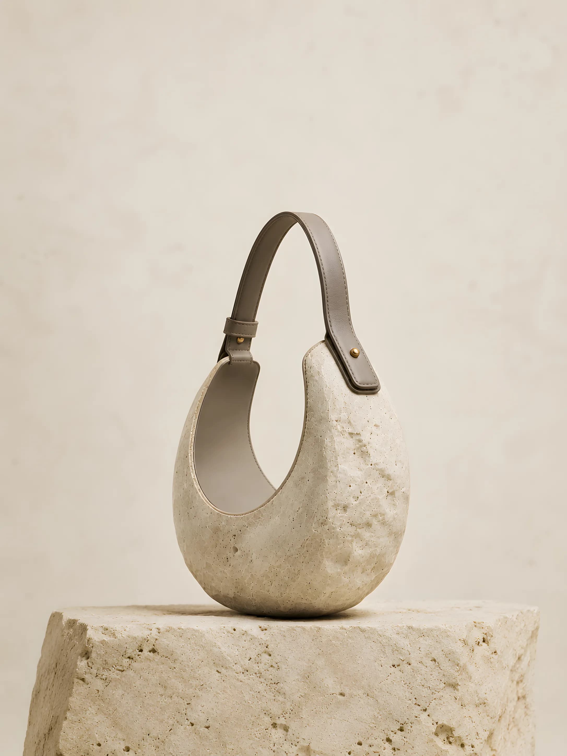PORTALE, the stone pebble resting on its travertine base, taupe leather handle