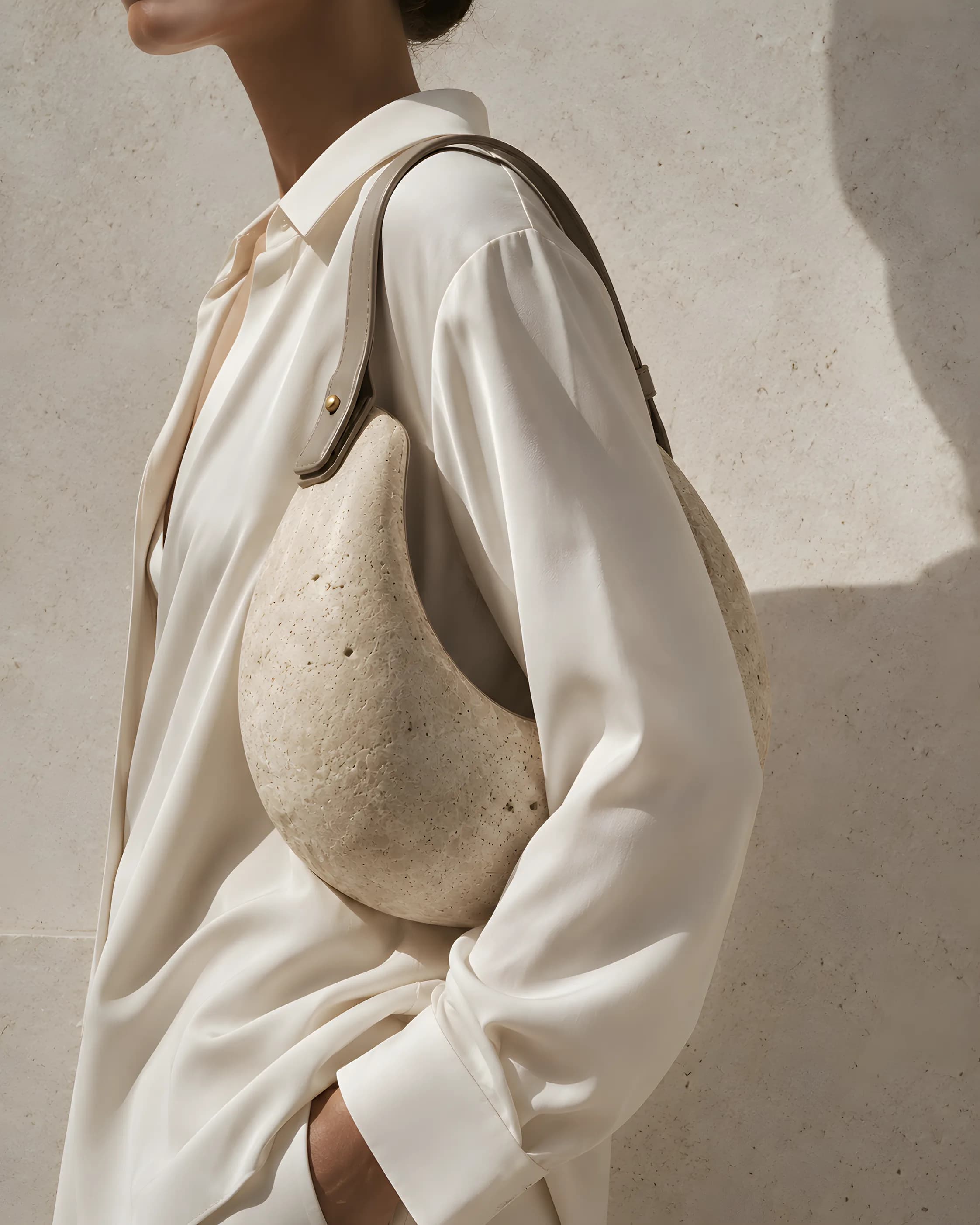 PORTALE worn on the shoulder, ivory silk shirt, limestone wall
