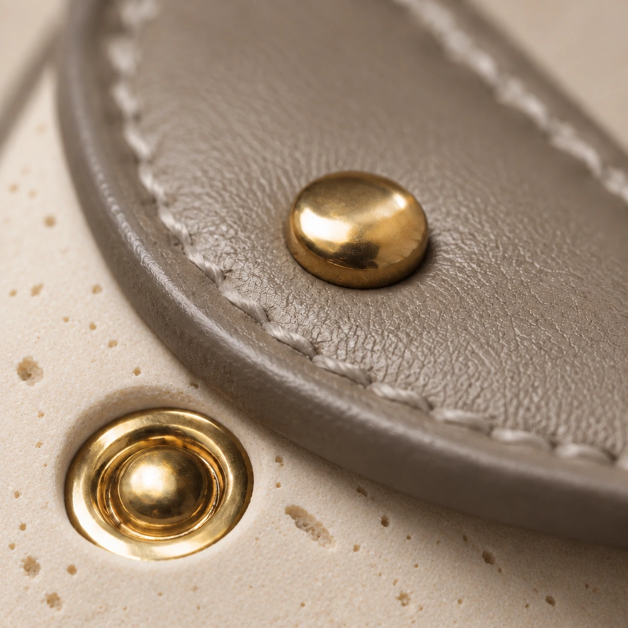 Close-up of the brass fastening and taupe leather